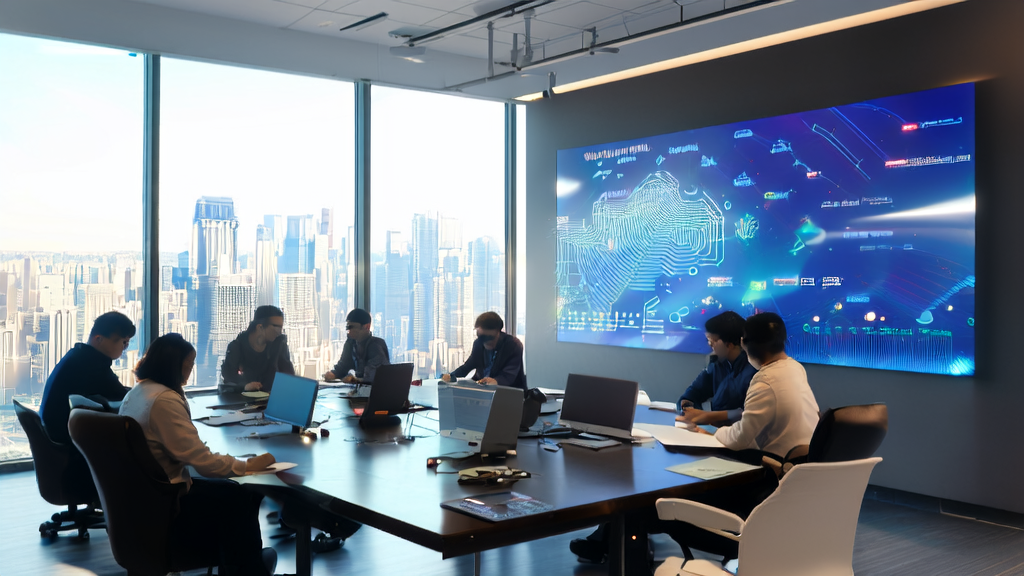 现代化办公室内，员工们正在使用AI技术进行高效客户数据采集和邮件营销策略分析。