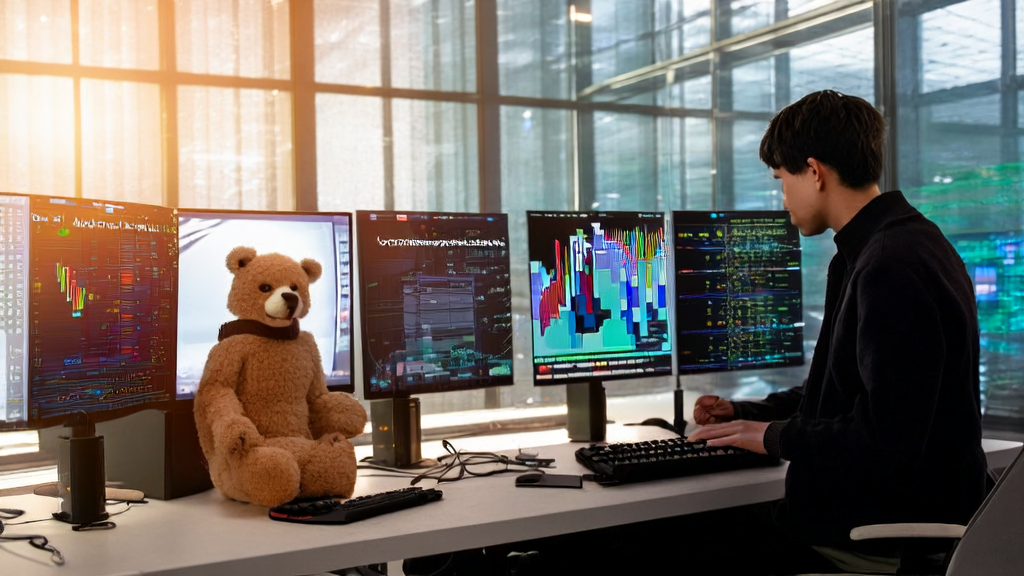 A programmer operates an AI-driven customer data collection system in a tech-filled office, with a felt panda beside