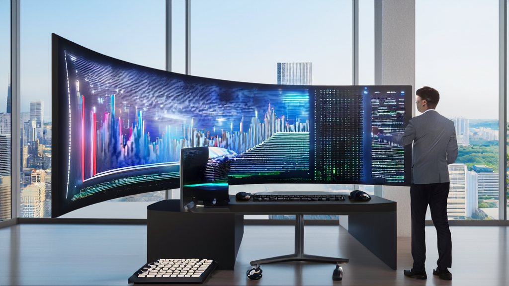 A data analyst using AI technology for customer data collection and optimization in a modern office