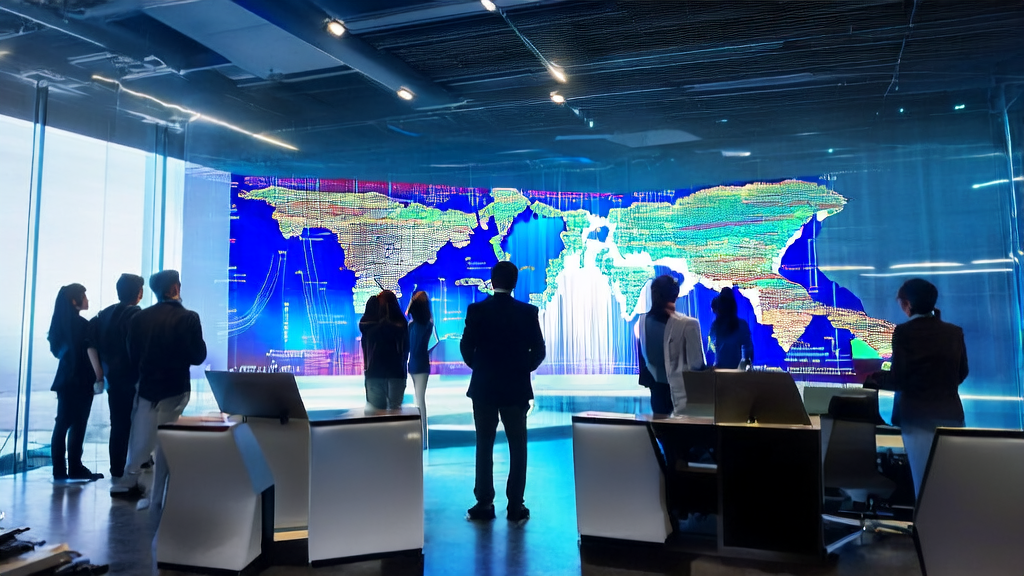Futuristic office where employees use the ERNIE-4.5 model for customer data collection and analysis