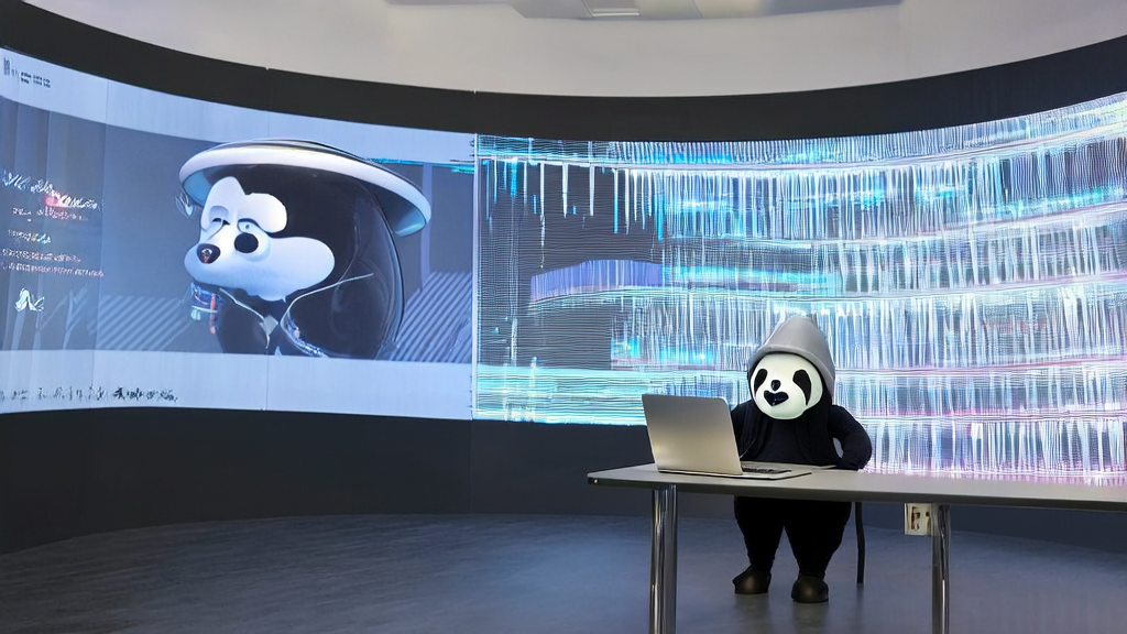 An AI-driven customer data collection solution display, with lively character animations interacting with customers on the screen, and relevant workflow diagrams on the desk.