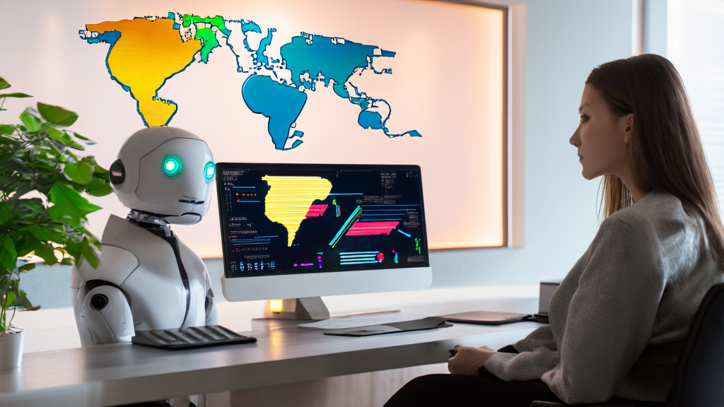 AI-driven customer data management: A young woman analyzing customer data with the help of an intelligent robot assistant