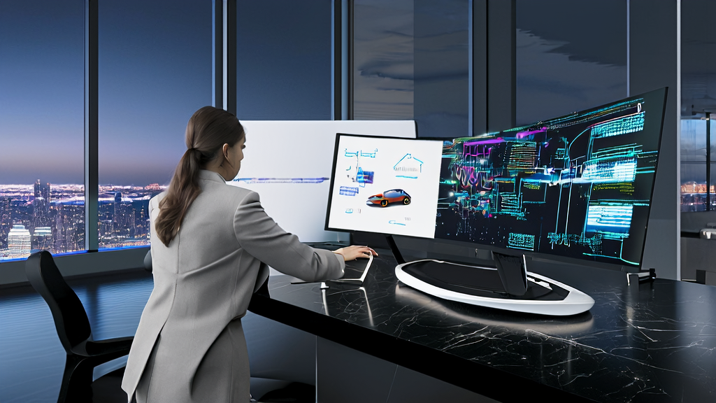 A woman in an office using AI technology to optimize email marketing strategies, with a whiteboard displaying data flow and customer engagement paths.
