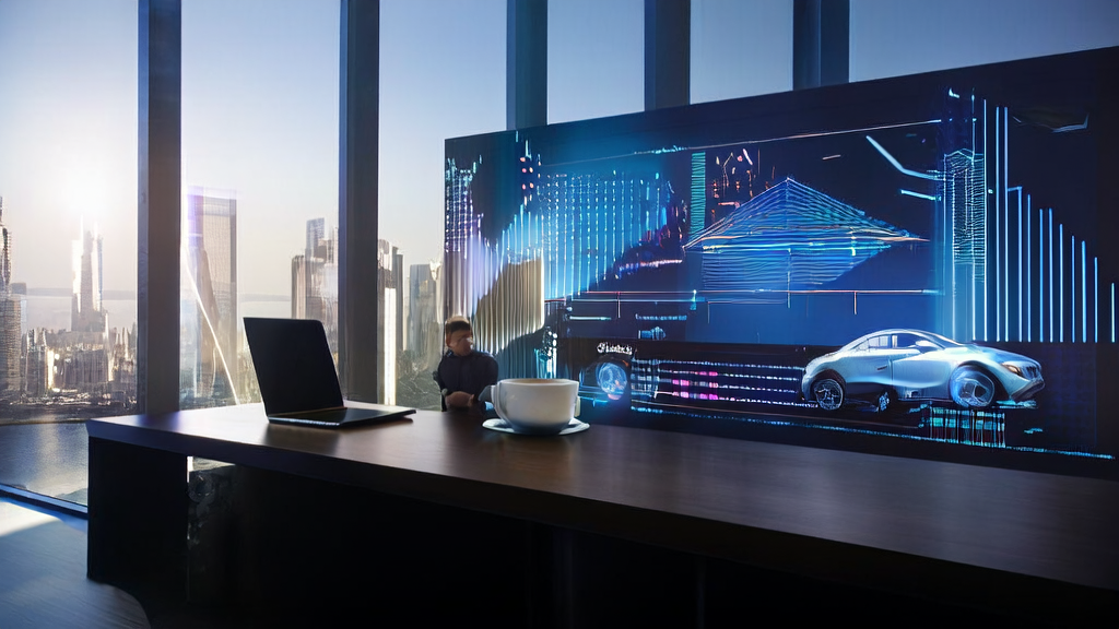 现代化办公室内，一名职场人士正在使用AI客户预测模型分析数据，墙上显示特斯拉xBot和沃尔沃“小沃”的最新进展。