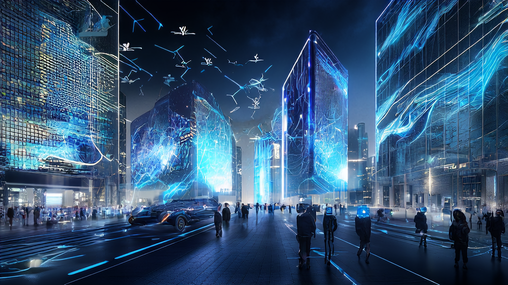 A futuristic city scene featuring AI customer prediction models and DeepSeek interaction