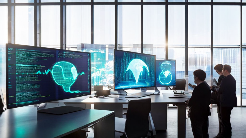 阳光下的现代办公室里，分析师们正在使用AI客户预测模型进行数据分析和市场策略讨论