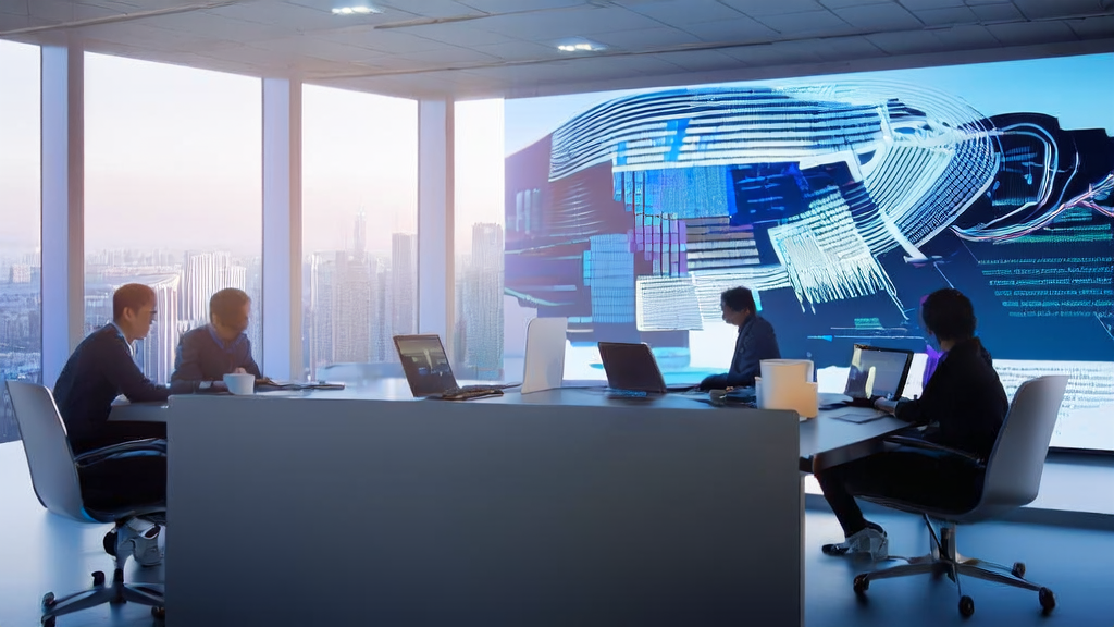 现代化办公室内，团队成员正在使用AI客户预测模型优化外贸邮件营销策略，提升邮件送达率和互动率。