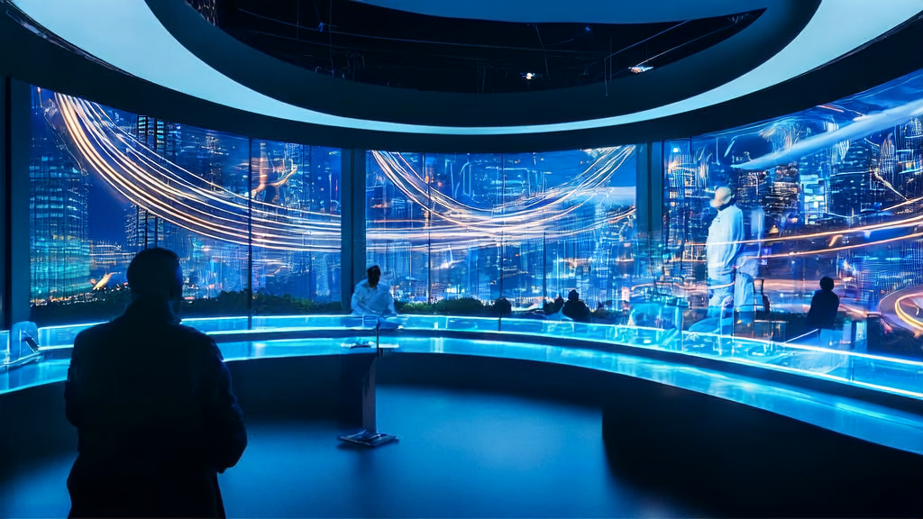 未来感办公室内，数据科学家们使用AI客户预测模型分析跨境电商销售数据