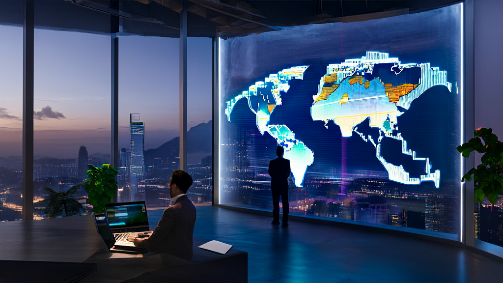 一位商务人士在现代化办公室中使用AI客户预测模型进行数据分析,墙上大屏幕展示全球潜在客户分布图。