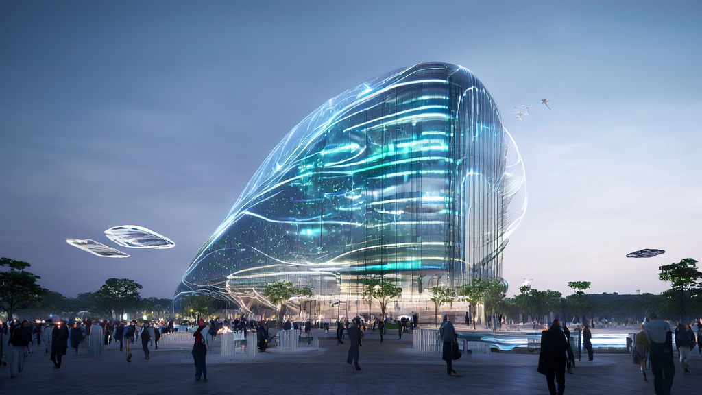 A display of AI-driven customer prediction model in a futuristic city square, surrounded by intelligent robots and interactive screens, with drone formations flying in the sky, showcasing the integration of technology and humanity.