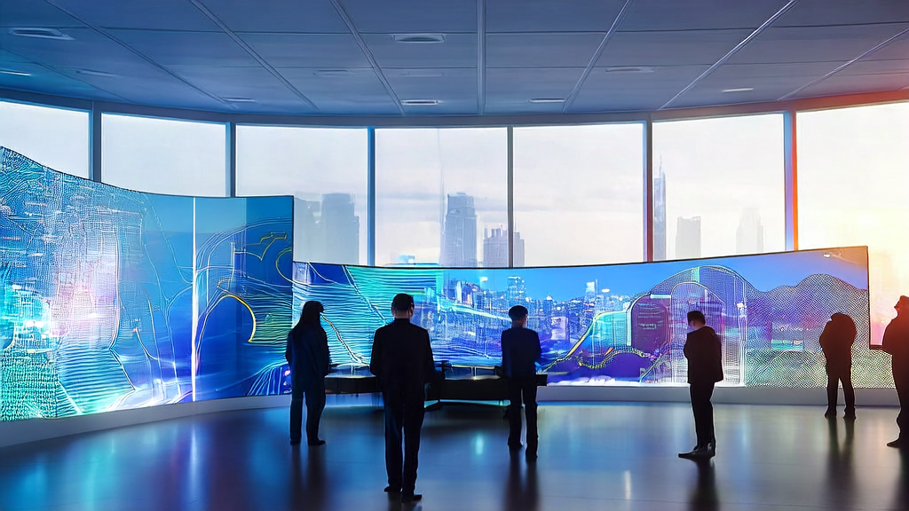 On a sunny morning, data scientists in a modern office are analyzing AI customer prediction model data, with a 360 intelligent entity platform on display.