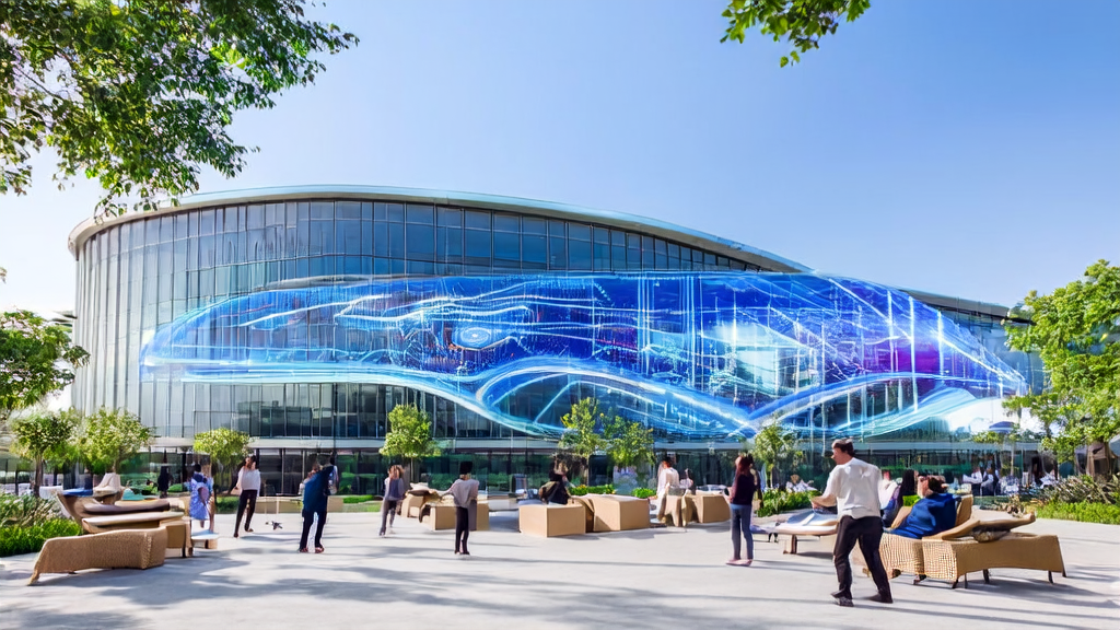 Modern office park under the sunshine, showcasing the workflow of AI-driven customer prediction model and team discussions