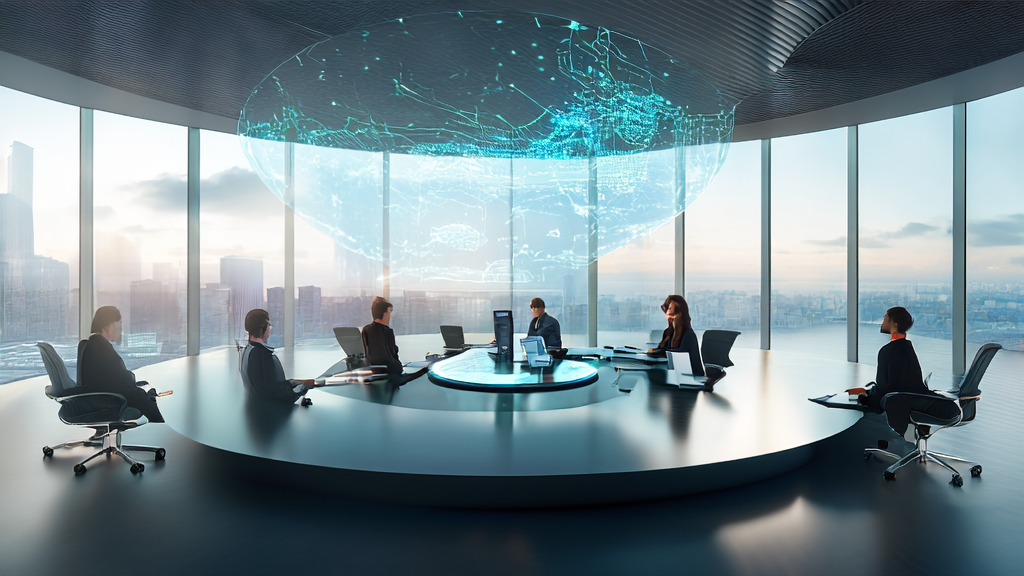 未来感办公室中,职场人士使用AI客户预测模型和Gemini Canvas生成PPT演示文稿