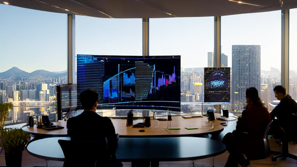 Employees in a modern office using AI-driven customer prediction models for data analysis