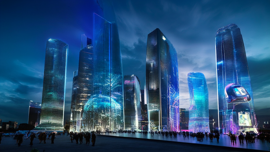 未来城市中的AI客户预测模型展示，参观者正在体验最新技术