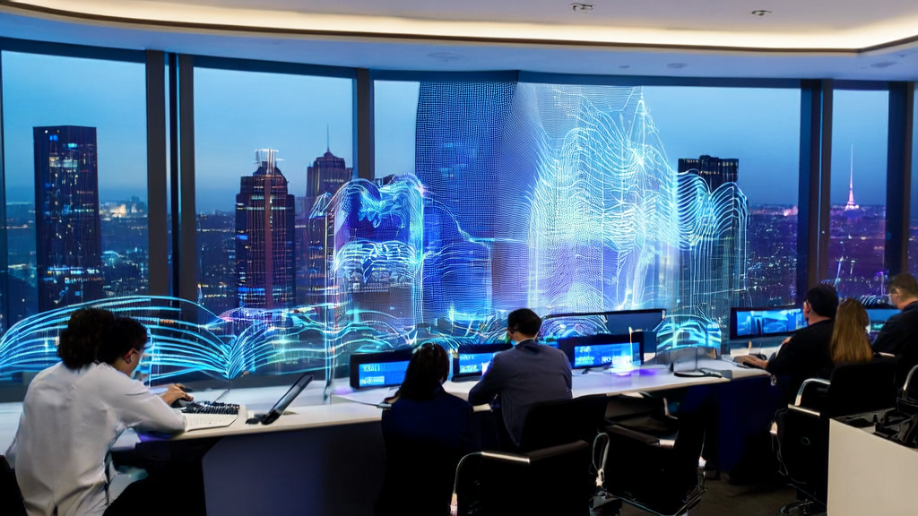 现代化办公室中展示AI客户预测模型和豆包视频生成模型1.0pro fast的应用场景