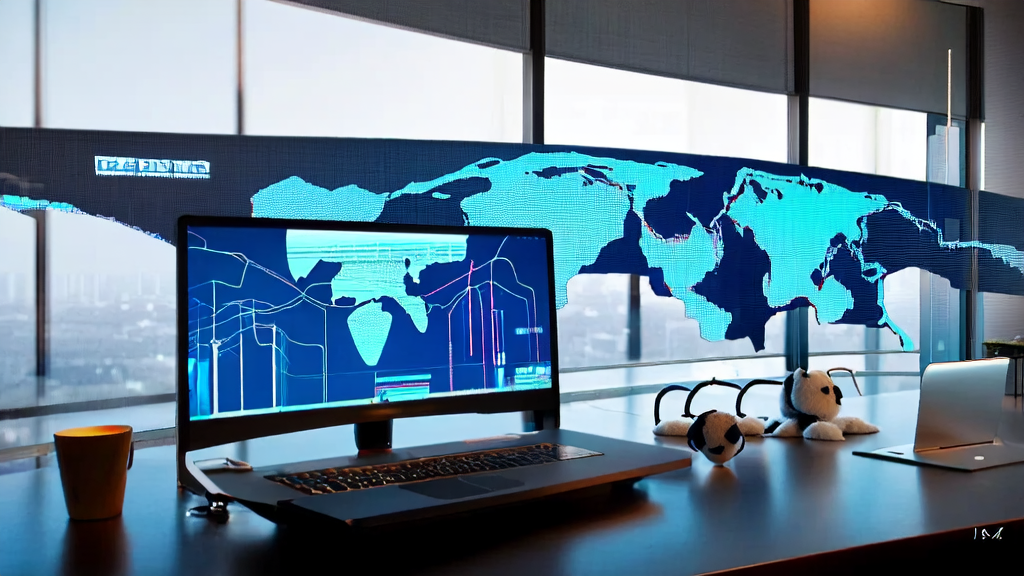 A modern office with an AI customer prediction model interface on a laptop, sunlight streaming through large windows, a cup of coffee and documents on the desk, and a felt panda wearing a wide-brimmed hat in the corner.