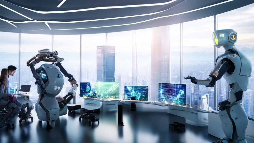 未来办公室中的人工智能客户服务站，客户正在与智能机器人互动，享受个性化服务。