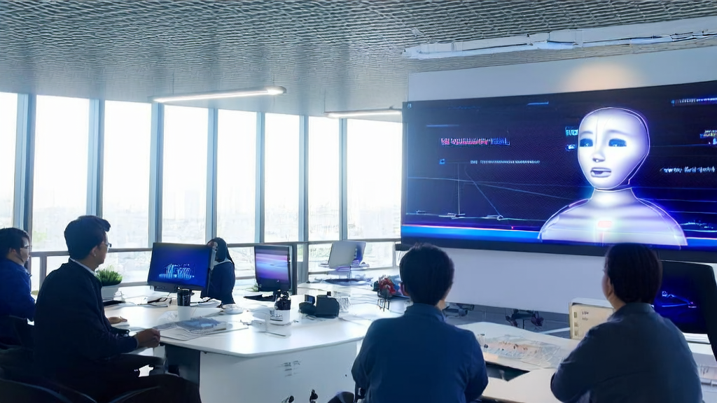 AI-driven customer service optimization: Employees interacting with virtual assistants, showcasing smart devices and data processing tools