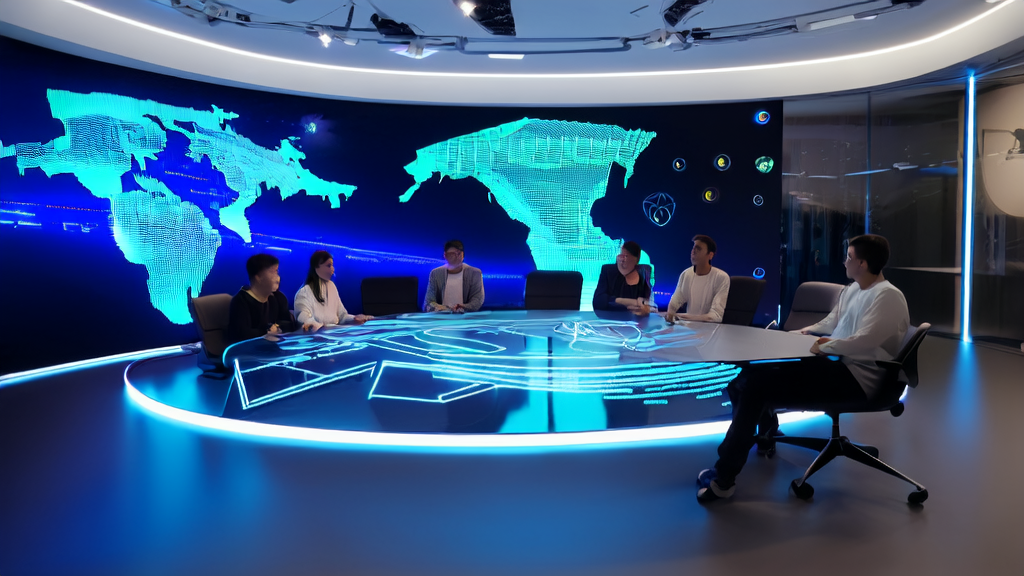 In a futuristic office, entrepreneurs discuss AI-driven data collection and high-conversion email strategies