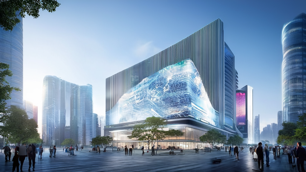 未来城市的数字营销公司大楼，展示最新的AI技术和个性化广告
