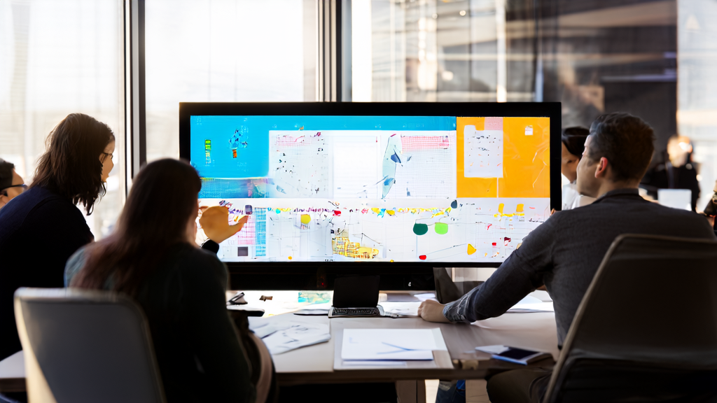 In a modern office bathed in sunlight, a designer and team members collaborate efficiently using Figma's color comments and MCP protocol to discuss AI-driven digital marketing strategies.