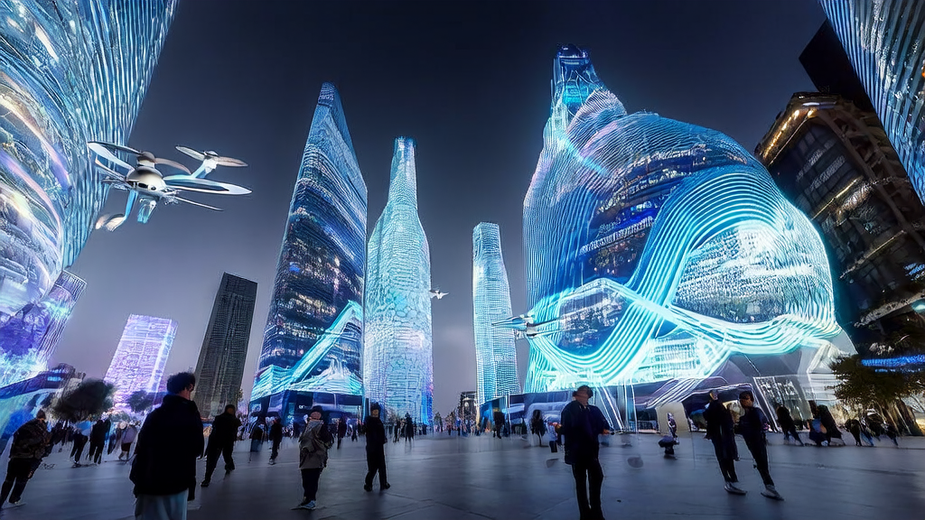 未来城市中的电商卖家利用AI技术优化邮件营销，屏幕上显示由Sora2生成的视频内容。