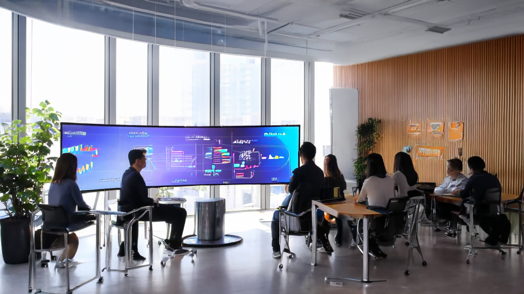 In a modern office, entrepreneurs are discussing the Alibaba Lingyang AgentOne platform, showcasing its application in cross-border e-commerce automated marketing.