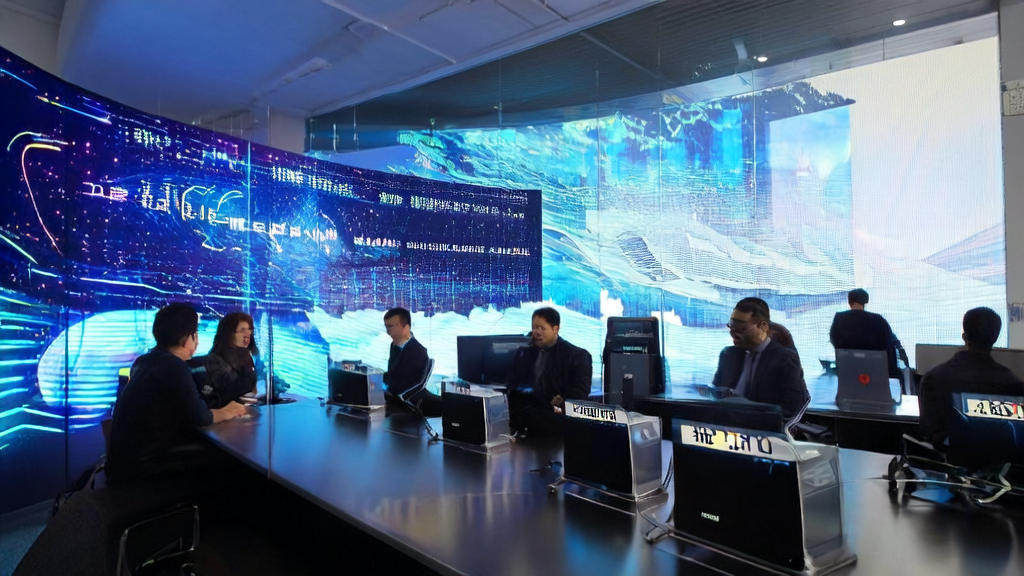 An AI-driven cross-border e-commerce marketing solution showcasing a modern office where employees use advanced technology and data analysis for real-time monitoring and precise marketing.
