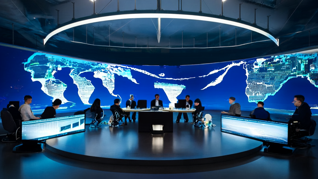 Entrepreneurs in a futuristic office discussing cross-border e-commerce email marketing strategies using AI technology and NVIDIA's ViPE engine