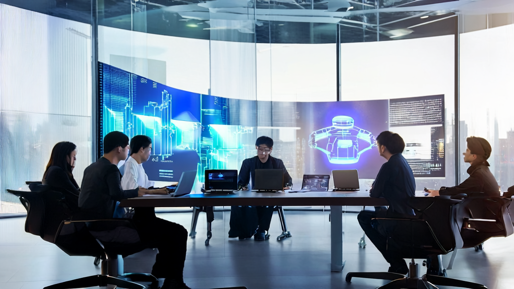 In a modern office, technicians discuss AI-driven eCommerce acquisition strategies with a humanoid robot