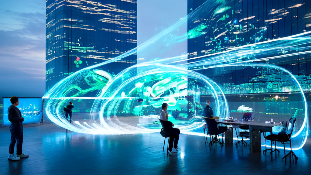 未来城市的电商公司中，团队成员与智能机器人协作，利用AI技术进行数据分析和客户获取。