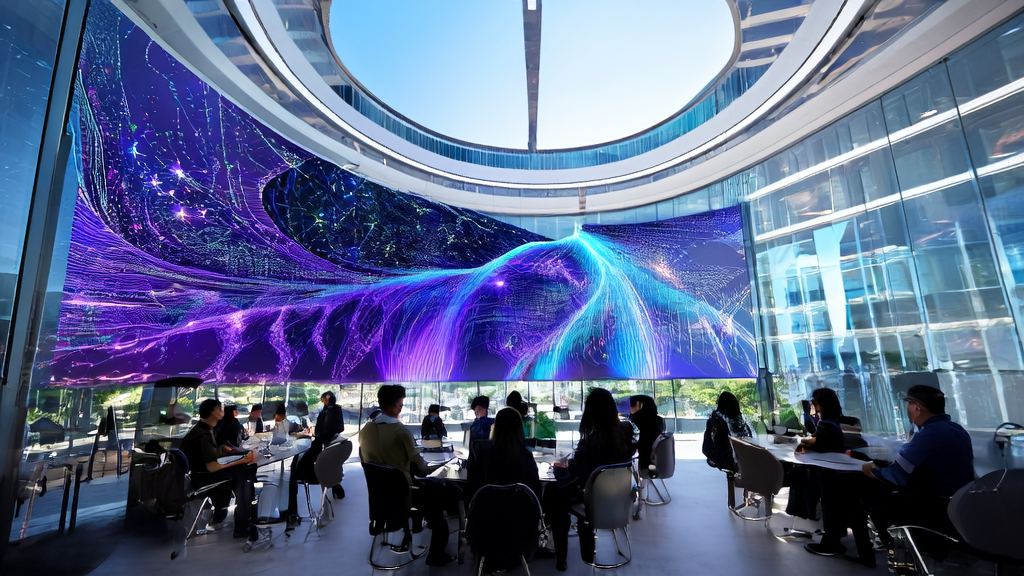 Entrepreneurs in a futuristic city using AI technology to optimize their e-commerce sites for explosive search engine traffic growth and precise customer acquisition