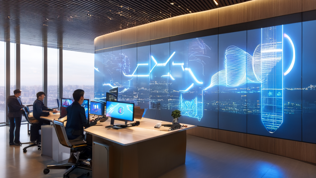 A futuristic office where employees use AI systems for email marketing tasks, with a large screen displaying real-time data of a cross-border e-commerce site and a smart robot assistant providing optimization suggestions.
