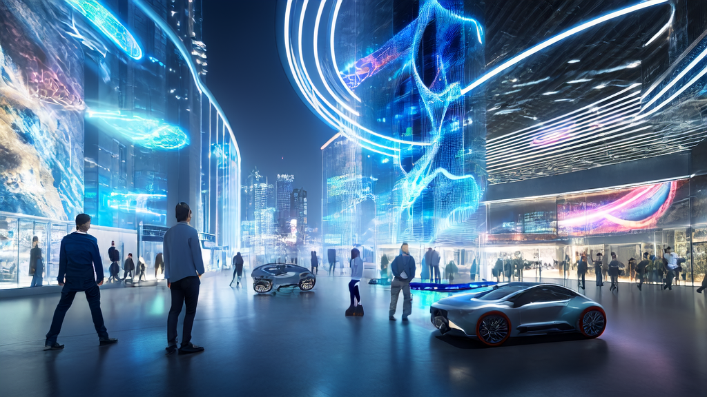 未来城市中的AI驱动电商营销场景,展示智能机器人和数据分析技术的应用