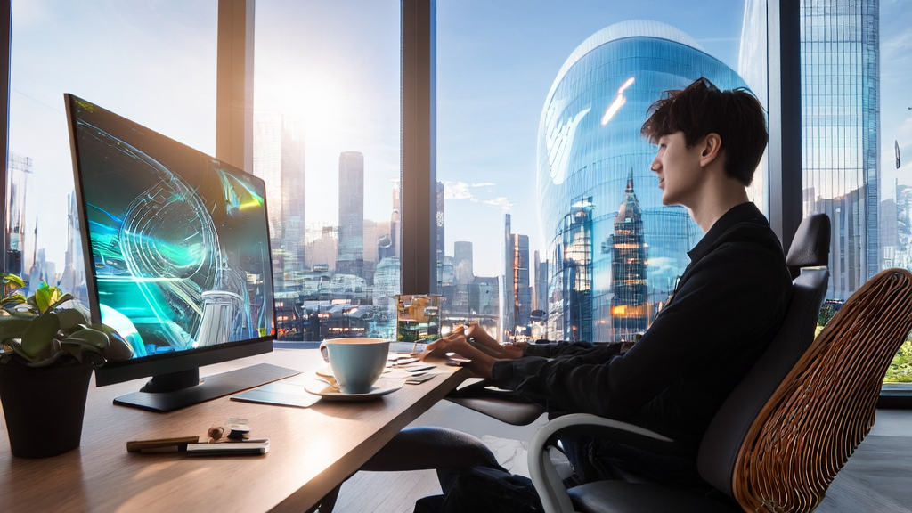 阳光明媚的办公室中,创业者正在使用Sora2生成的视频优化海外市场营销策略