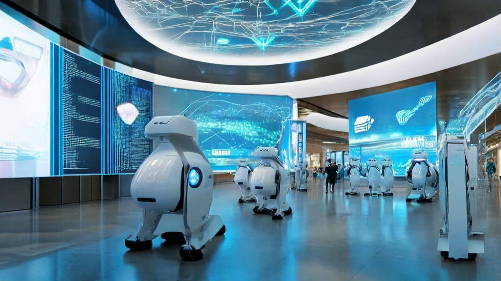 A modern mall in a futuristic city where AI robots provide personalized shopping recommendations and showcase AI-driven marketing strategies