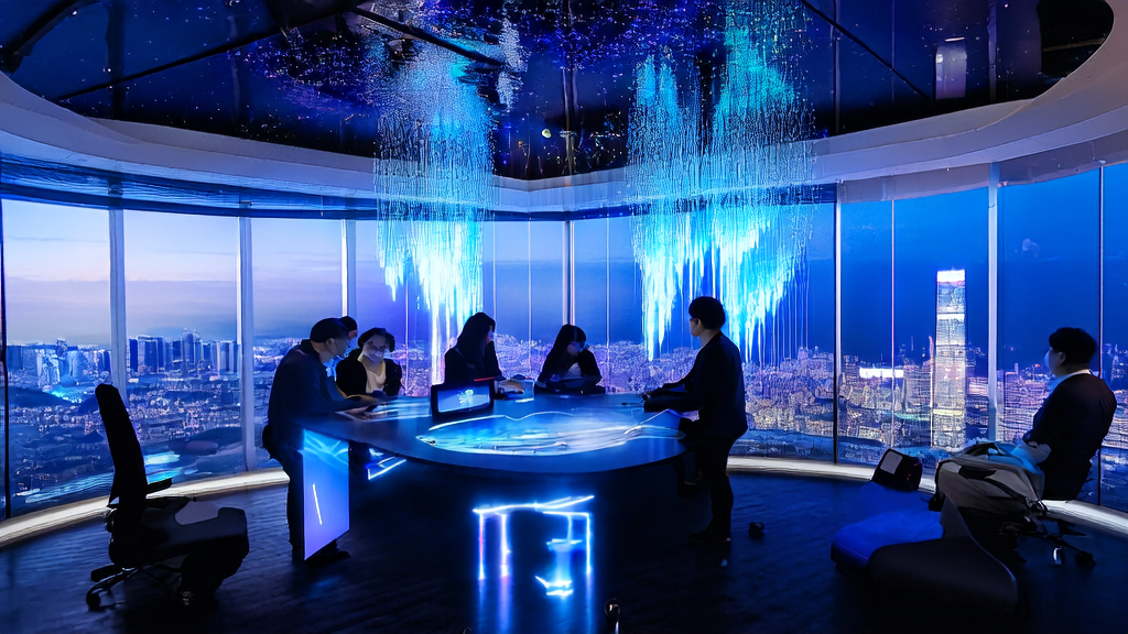 现代化电商办公室内，团队成员正在讨论如何利用AI技术提升销售，背景是城市景观和数据流屏幕。