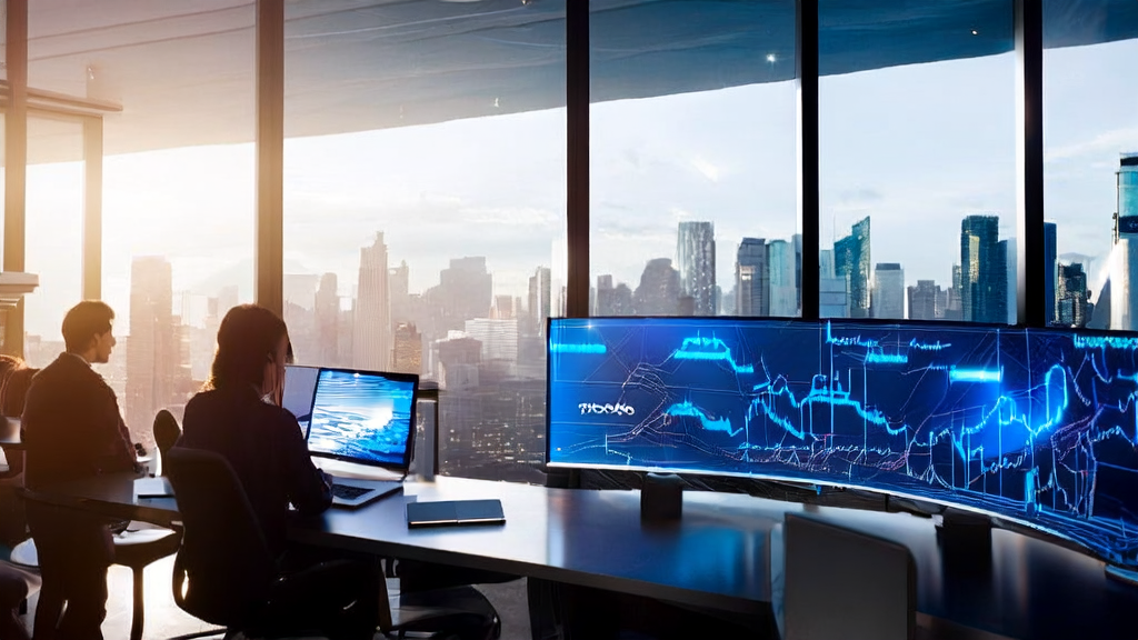 在充满阳光的现代化办公室中，团队使用AI技术优化邮件营销策略，实现跨境电商领域的高效获客。