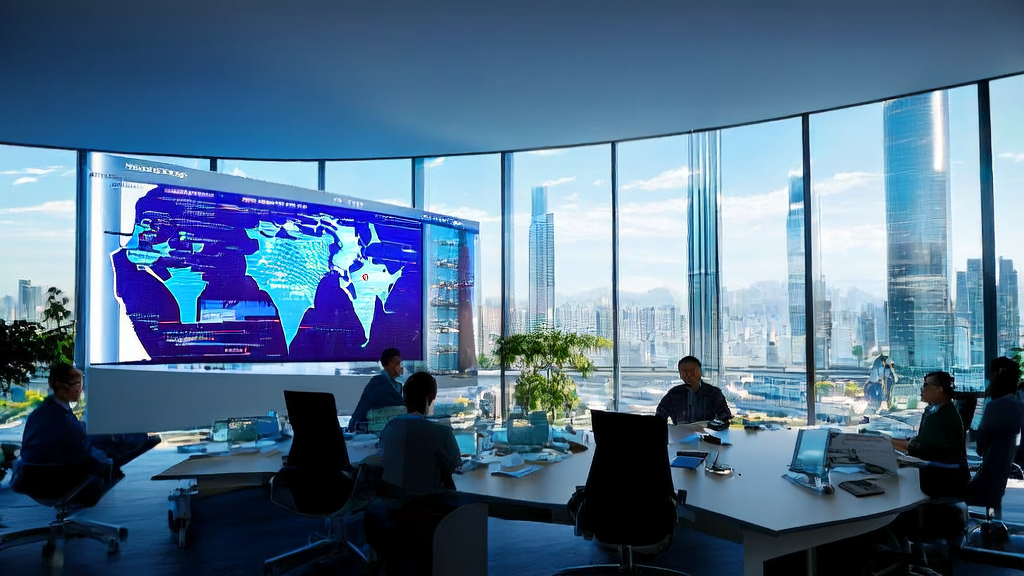 AI驱动的高效获客：以DeepSeek创新模式为鉴，展示现代办公室中工作人员利用AI系统分析客户数据的场景。