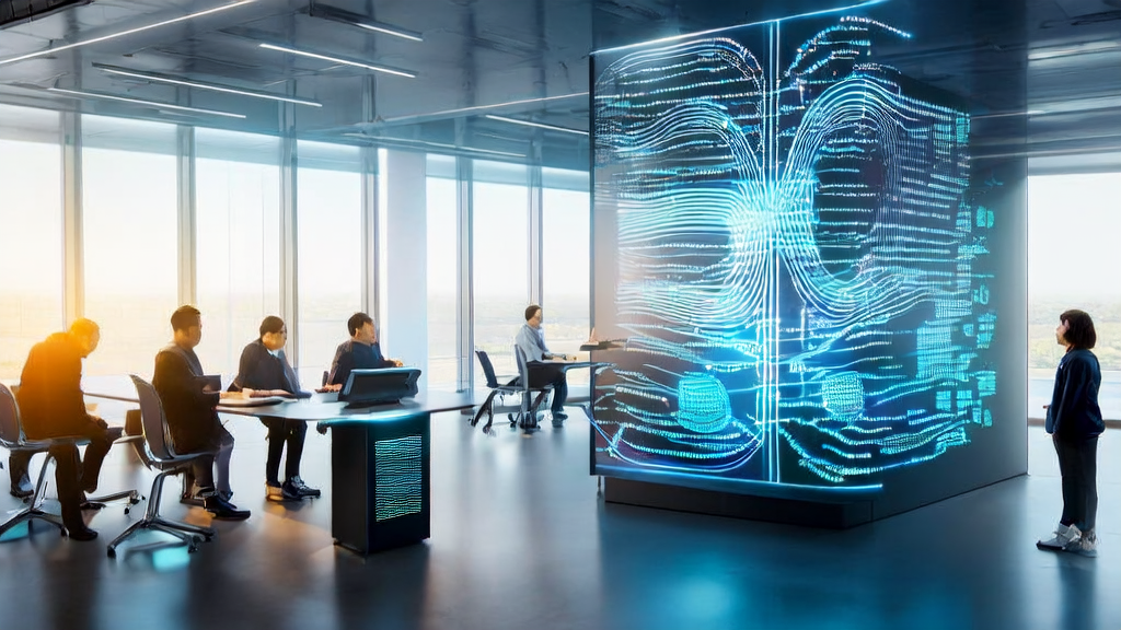 Modern office employees using AI technology for efficient email marketing data analysis