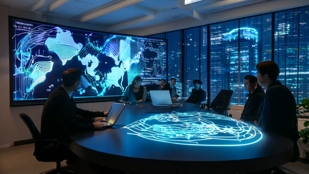 未来感办公室中专业人士讨论AI驱动邮件营销策略