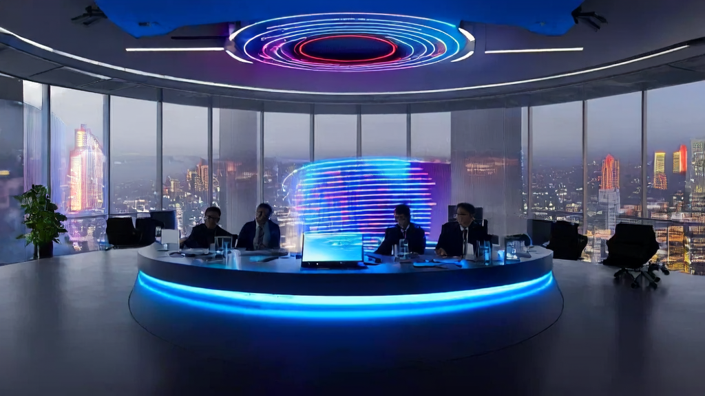 Team discussing AI-driven email marketing strategies in a futuristic office, showcasing the latest 25-second video content