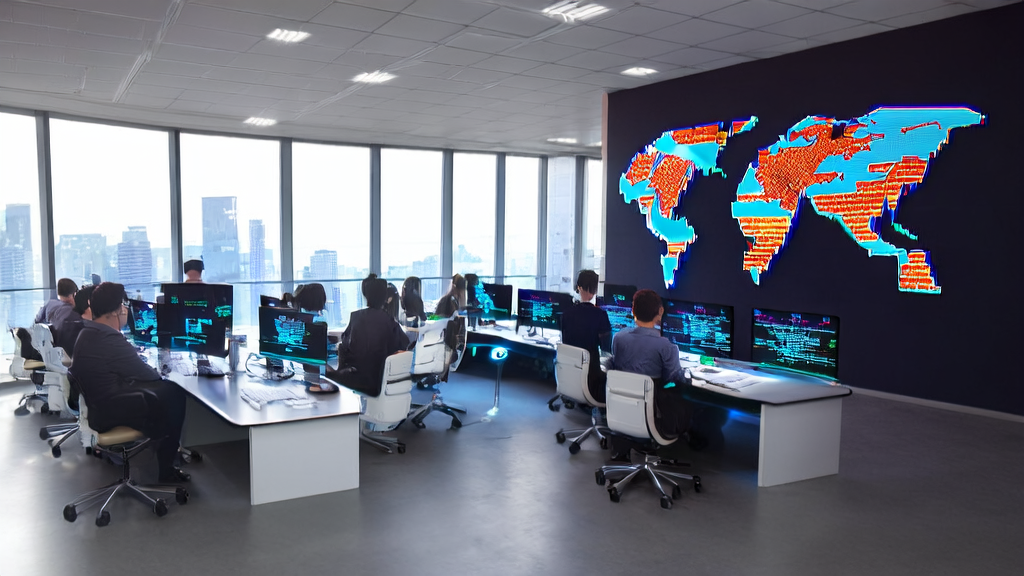 阳光照耀下的现代化办公室,程序员们正在利用AI技术进行个性化邮件营销,提升跨境电商的客户获取效率。