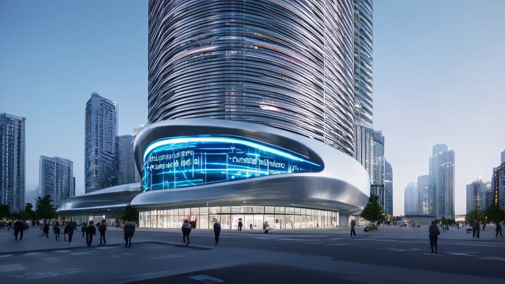 AI-driven email marketing display in a futuristic city, featuring high-tech buildings and personalized email recommendations