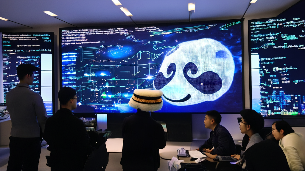 年轻开发者们在办公室里利用AI技术优化跨境电商邮件营销策略，桌上放着一只戴着大檐帽的羊毛毡大熊猫。