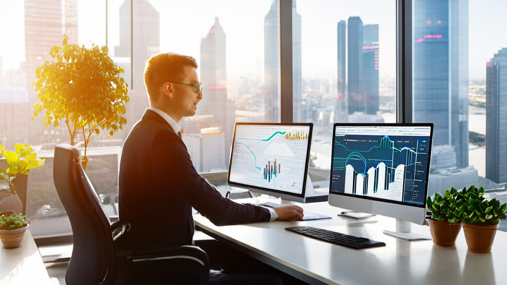 一位外贸业务员在现代化办公室中使用AI技术进行邮件营销分析