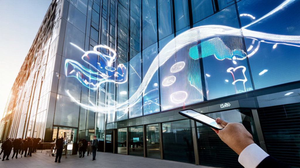 A modern office building basked in sunlight, employees using AI technology to optimize email marketing strategies for cross-border e-commerce.
