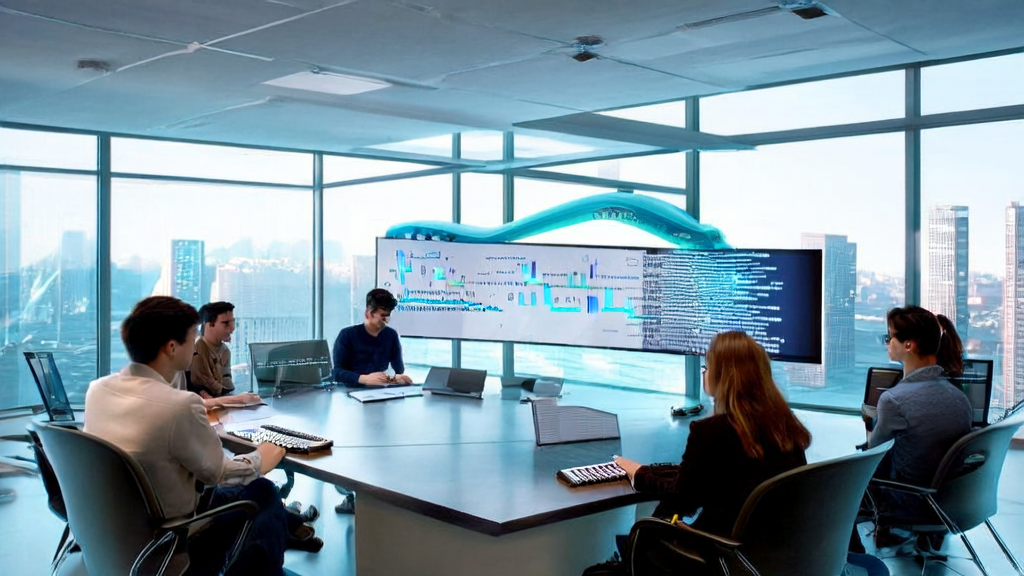 AI-driven email marketing for efficient client acquisition, showcasing a modern office where a team utilizes AI technology to optimize their email marketing strategies.