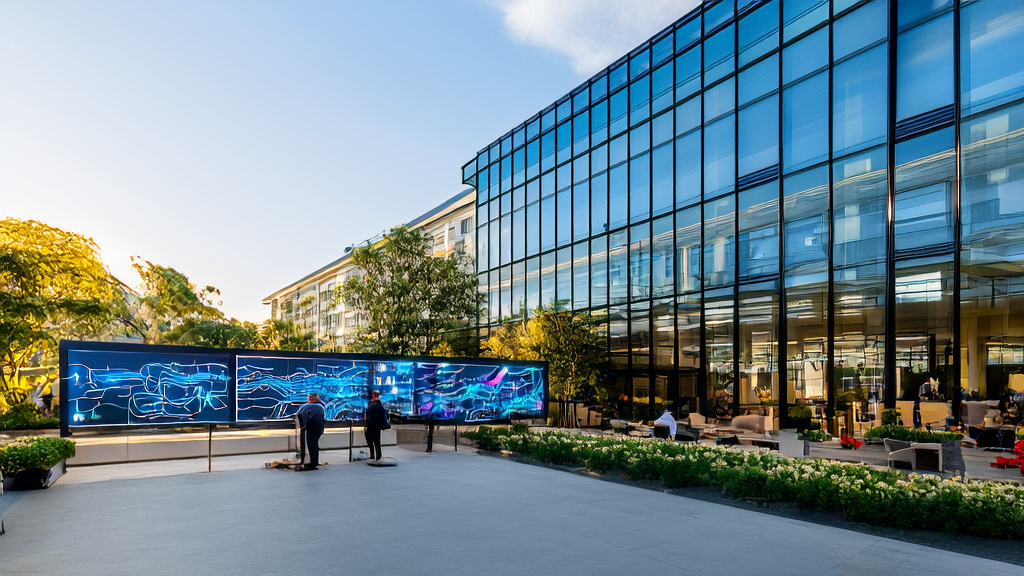 现代办公楼内技术人员监控AI智能获客系统，展示邮件营销数据分析